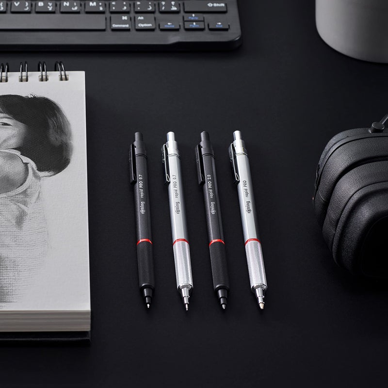 rOtring Rapid Pro Retractable Ballpoint Technical Drawing Pen, Medium Point, Blue Ink, Silver Full-Metal Body - Image 5